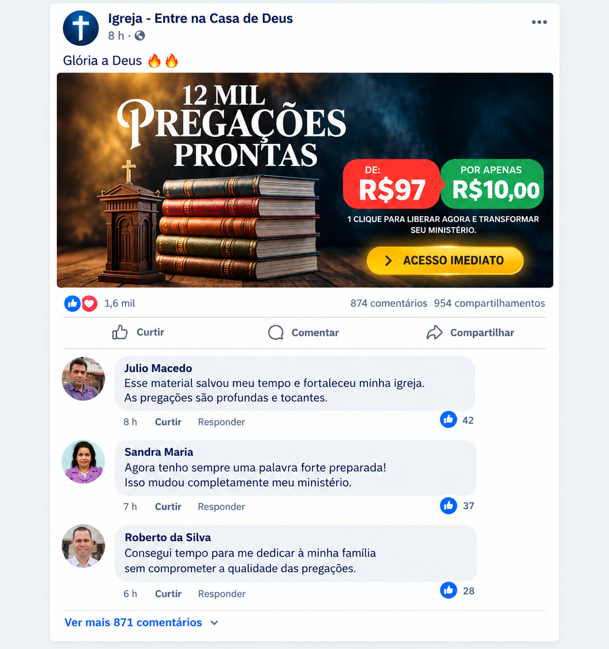 Publicação da página Entre na Casa de Deus com os três comentários